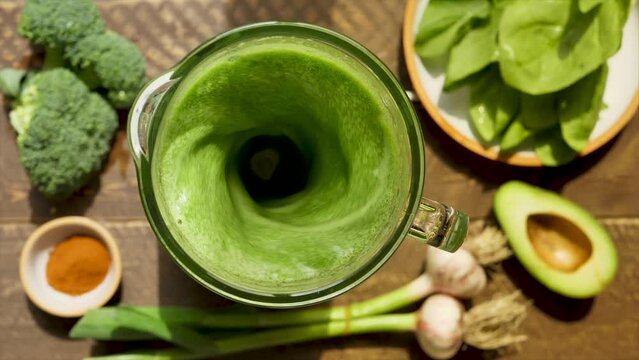 mixing a green smoothie made from broccoli, spinach leaves, avocado and garlic in a blender. Slow motion smoothie in a blender with organic plant-based ingredients. Healthy eating and diet energy food