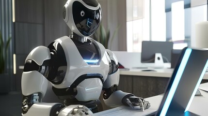 A humanoid robot sits at a desk in an office, typing on a laptop. The robot is dressed in a white shirt and black pants. It has a metal face with a black visor over its eyes.