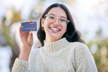 Happy woman, outdoor portrait or credit card for banking, finance or payment with account and...