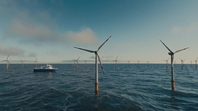 Offshore wind turbines at sea, OSV ship near windmills, aerial drone shot on dusk. Realistic 3d rendering concept of green and renewable energy industry
