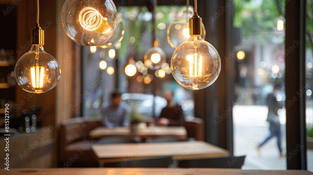 Sticker retro light bulbs enhancing the decor of a contemporary coffee shop