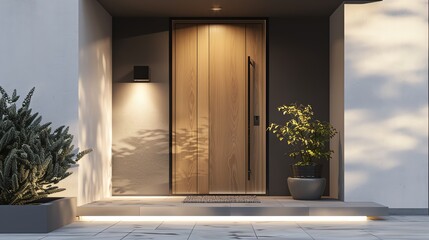 3D render of a modern entrance with a simple wooden front door, accented by elegant outdoor lighting and a small welcome mat