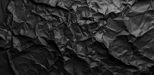A closeup of crumpled black paper texture, with dark gray and matte tones.