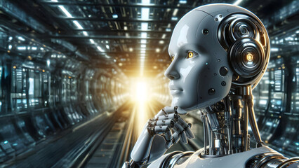 Humanoid robot in thoughtful pose on an out of focus technological background