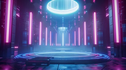 Futuristic cyberpunk stage with urban backdrop, circular platform and neon lights