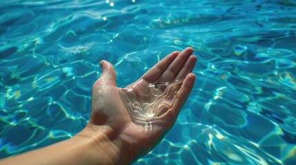 Assessing water quality in a pool by testing pH and chlorine levels with water samples and a hand held against the sky