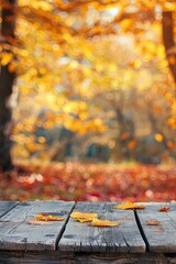 The empty wooden table top with blur background of autumn. Copy space