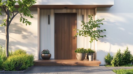3D rendered image of a stylish modern entrance with a simple wooden front door and a small porch with potted plants