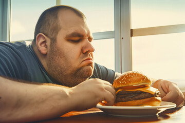 Lonely overweight obese man eating an unhealthy hamburger in a diner restaurant
