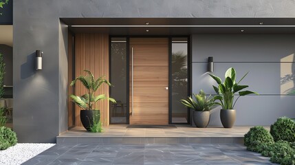Contemporary entrance of a home with a simple wooden front door, sleek sidelights, and a modern porch area, 3D render