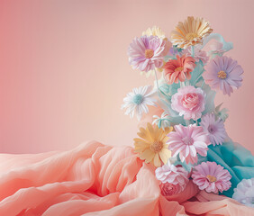 Beautiful pastel color flowers against a bright peach background. Copy space.