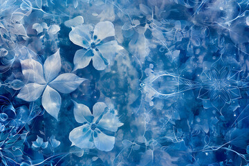 Enchanting Floral Abstraction Merged with Geometric Intricacies in Tranquil Shades of Blue