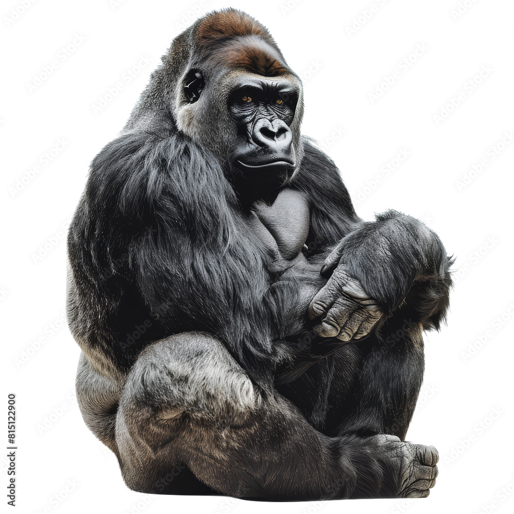 Sticker A large gorilla seated in front of a plain Png background, a Gigantic Gorilla Isolated on a whitePNG Background