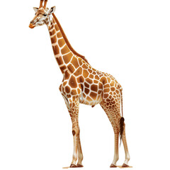 A giraffe stands tall on a plain Png background, showcasing its unique long neck and distinctive coat pattern, a giraffe isolated on transparent background
