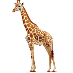 Obraz premium A giraffe stands tall on a plain Png background, showcasing its unique long neck and distinctive coat pattern, a giraffe isolated on transparent background