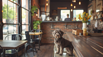 Naklejka premium Small dog sitting on stool in pet friendly bar or cafe with bartender in background, copy space