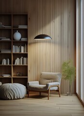 room with a chair and a lamp on the wall