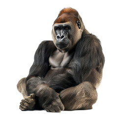 Fototapeta premium A gorilla is seated in front of a Png background, a Gigantic Gorilla Isolated on a whitePNG Background