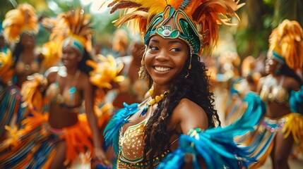 Vibrant Samba Dancers Bringing Rios Carnival to Life with Exuberant Energy and Colorful Costumes