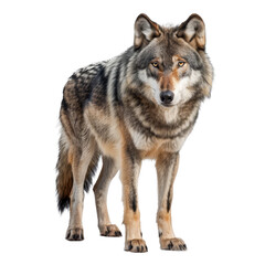 Fototapeta premium A gray wolf stands against a stark white backdrop, a gray wolf isolated on transparent background