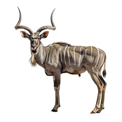 A greater kudu with long horns gracefully stands on a Png background, a greater kudu isolated on transparent background