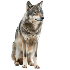 Fototapeta premium A gray wolf is seated in front of a plain white backdrop, a gray wolf isolated on transparent background