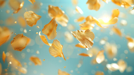 Abstract golden petals floating gracefully on a gentle breeze, creating a shimmering carpet of...