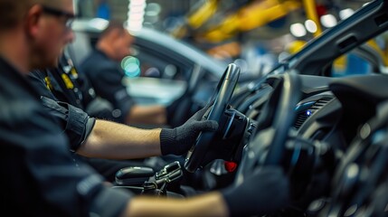 Fototapeta premium A man is driving a car on the factory floor surrounded by industrial machinery and equipment