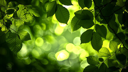 Fototapeta na wymiar Abstract green patterns formed by sunlight filtering through the leaves of a dense forest, creating a natural kaleidoscope of color and shadow.