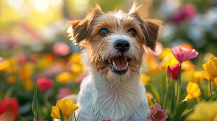 Dog sitting in flower field