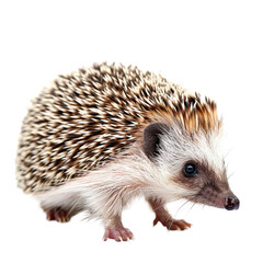 A hedgehog is upright on a plain white surface, a hedgehog isolated on transparent background