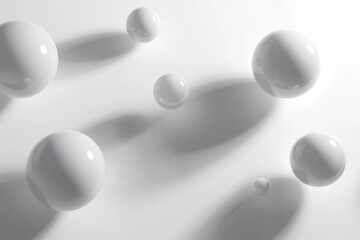 Abstract spheres of varying sizes floating gracefully in space, casting soft shadows on a pristine white background.