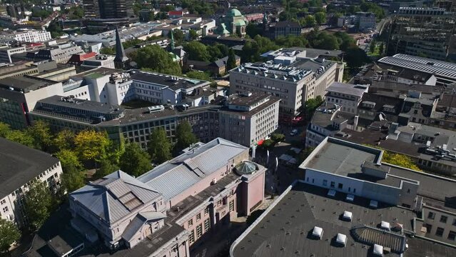 Aerial drone view of Grillo Theater in Essen, Germany. Grillo-Theater is a theatre located in Hirschlandplatz in Essen. 