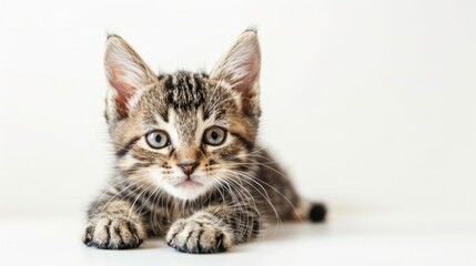 Adorable striped kitten against a white backdrop