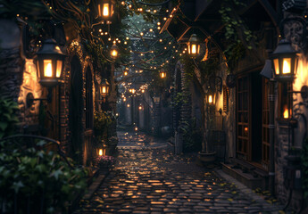 Fototapeta premium Charming cobblestone alleyway lined with lanterns