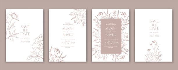 Wedding Invitation with Flowers in line design.