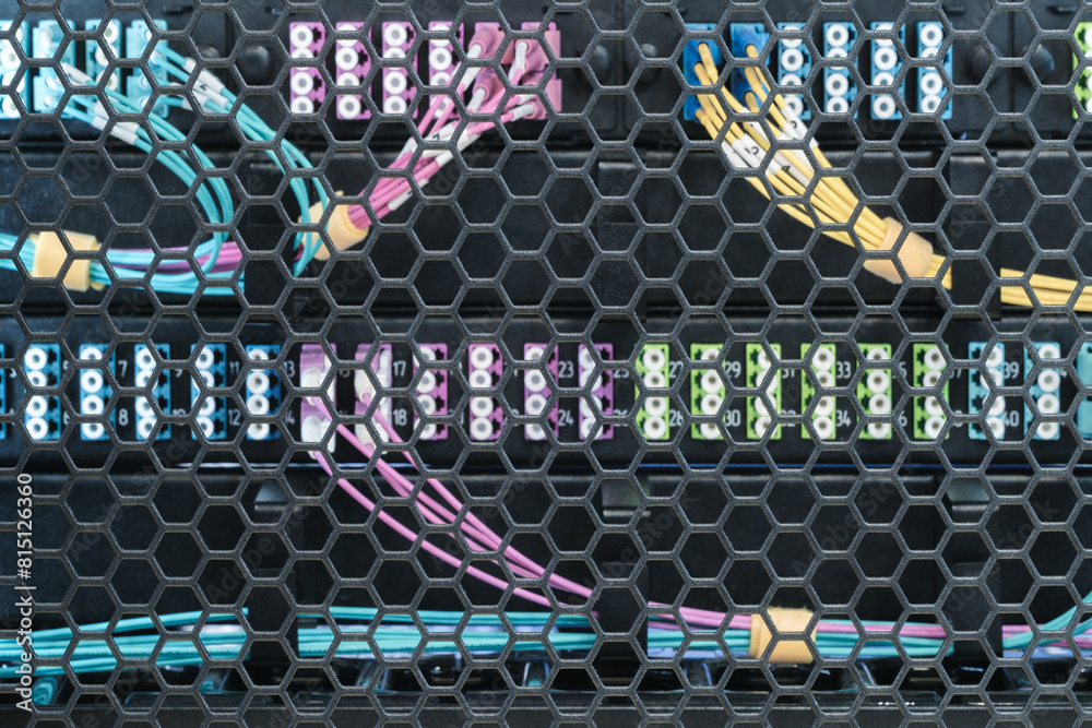 Poster telecommunication internet equipment with wires and communication blocks. telecommunication technolo