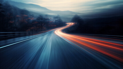 view of the night road, dark sky and haze, dramatic landscape, blurred motion lights