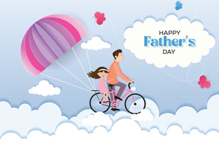 Happy Father's Day Paper Cut Design with Air Balloon with Father and Son on Bicycle Inside Clouds