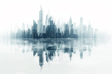 A futuristic city skyline reflected in a glassy surface, creating a surreal mirrored effect against a white sky.