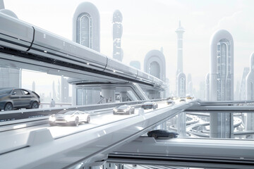 A futuristic transportation hub bustling with activity, with sleek vehicles zipping by on elevated highways against a white skyline.