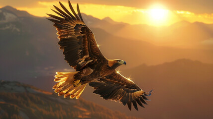 A majestic golden eagle soaring high above the mountains, its wings outstretched against the...