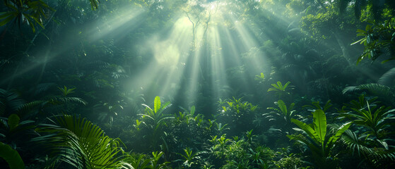 Fototapeta premium Sunlight streaming through a misty rainforest, casting surreal rays of light that enhance the natural beauty of this breathtaking landscape