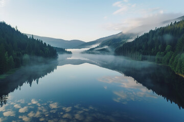 mountain lake at dawn, mist hovering over the calm water, surrounded by lush pine forests, reflected in the crystal clear water