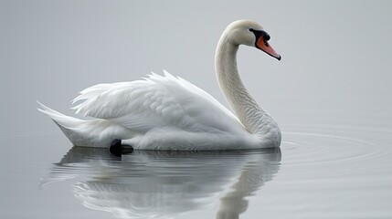 Fototapeta premium White swan swimming on a lake with reflection in the water.