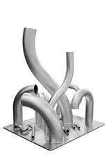 A silver sculpture of pipes and tubes with a square base. The sculpture is abstract and has a...