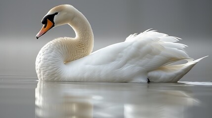 Obraz premium White swan swimming on a lake with reflection in the water.