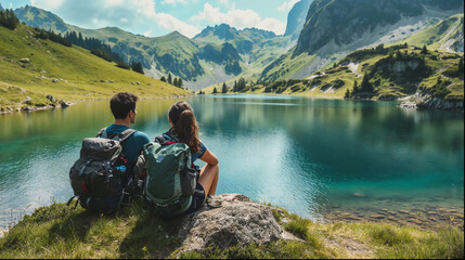Travelers couple look at the mountain lake, Travel photography