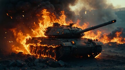 A tank is on fire in a desert. War Concept. Armored vehicles. Tanks battle The fire is so intense that it is almost impossible to see the tank Tank against the background of fire, smoke and explosions