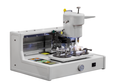 Lens manufacturing production machine isolated on white transparent background